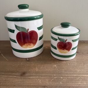 Set Of 2 Vintage Country Ceramic Apple Canisters Grandmacore Cottage Cabin